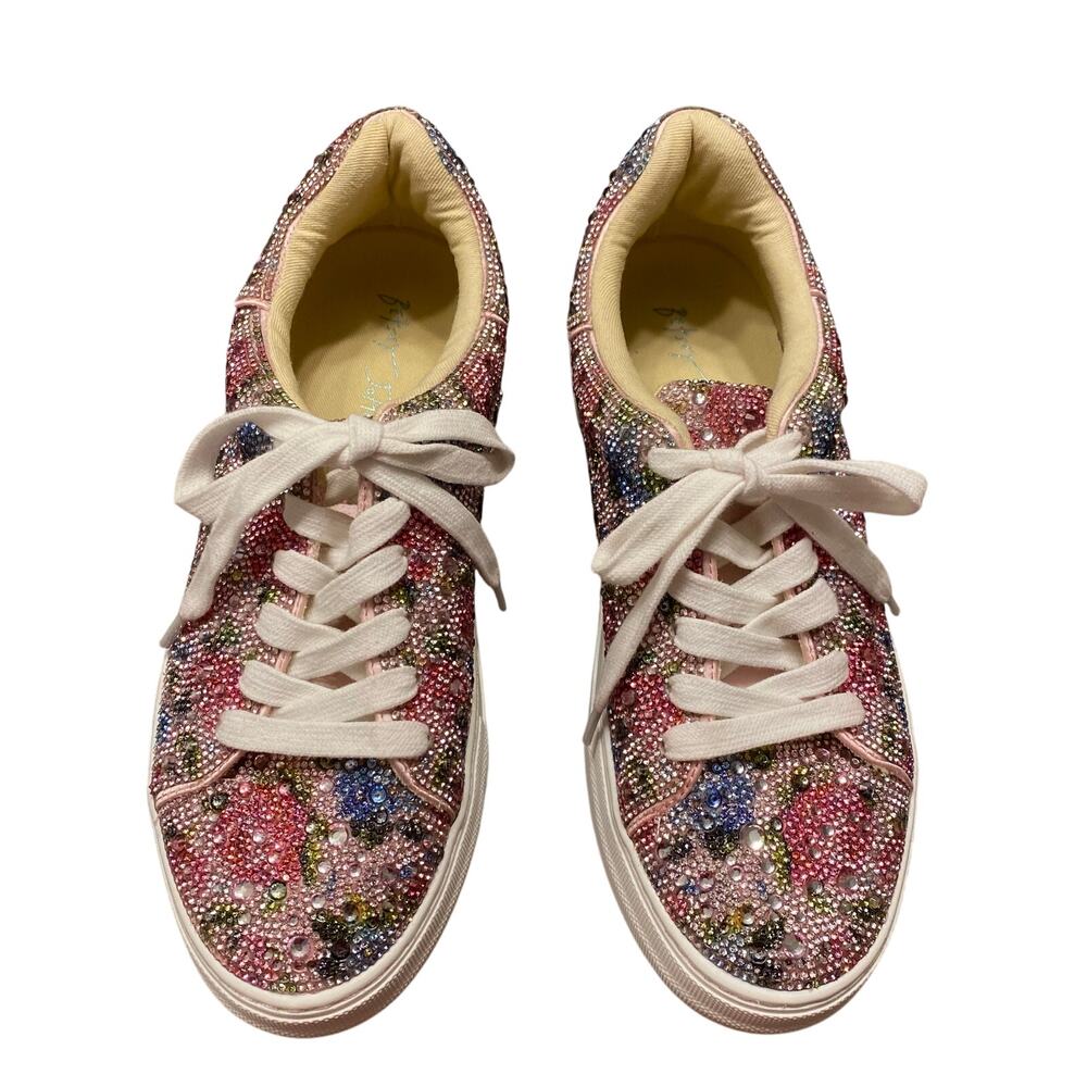 Betsey Johnson Rhinestone Sneakers Women’s Size 7 Pink Floral Sparkle Lace Shoes